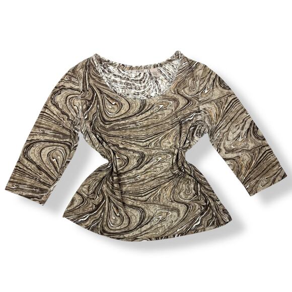 90's tan trippy swirl camo cotton blend scoop neck semi sheer blouse by FRESH - Picture 3 of 16